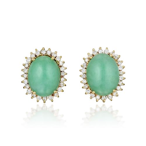 A Pair of 14K Gold Jade and Diamond Earrings
