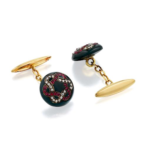 Antique 18K Gold Colored Gemstone Ruby and Diamond Cufflinks