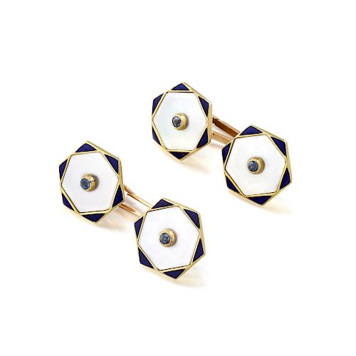 A Pair of 18K Gold Mother of Pearl Enamel and Sapphire Cufflinks, French
