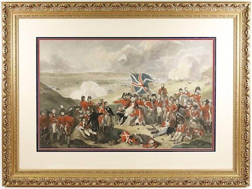 French & British Battle Scene, Colored Engraving