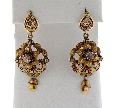 Antique 18K Gold Rose Cut Diamond Enamel Earrings