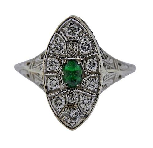 Art Deco 14k Gold Diamond Green Stone Ring 