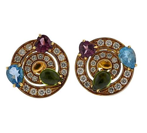 Attributed to Bulgari  18k Gold Diamond Gemstone Earrings 