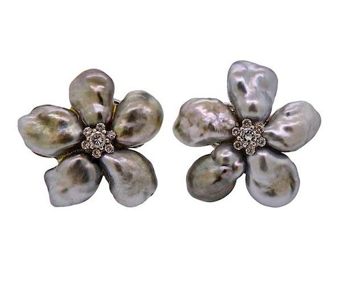 14k Gold Pearl Diamond Flower Earrings