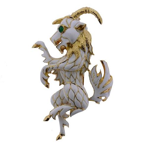 Large 18K Gold Emerald Enamel Goat Brooch Pin
