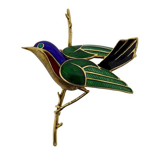 18k Gold Enamel Bird Brooch Pin 