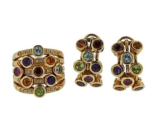 Sonia B. 14K Gold Diamond Multi Color Stone Earrings Ring Set