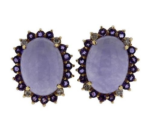 14k Gold Lavender Jade Diamond Amethyst Earrings 