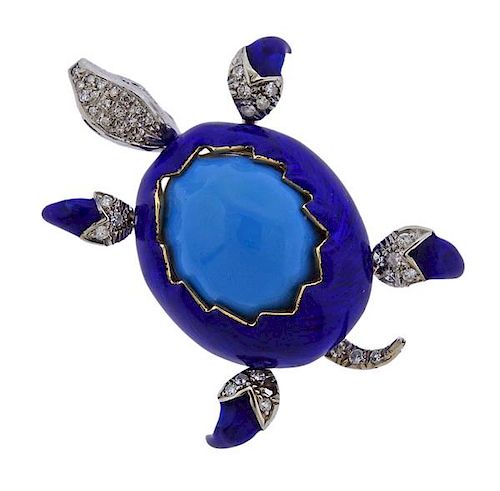 18k Gold Enamel Turquoise Diamond Turtle Brooch 