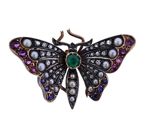 Antique Gold Silver Gemstone Pearl Butterfly Brooch 