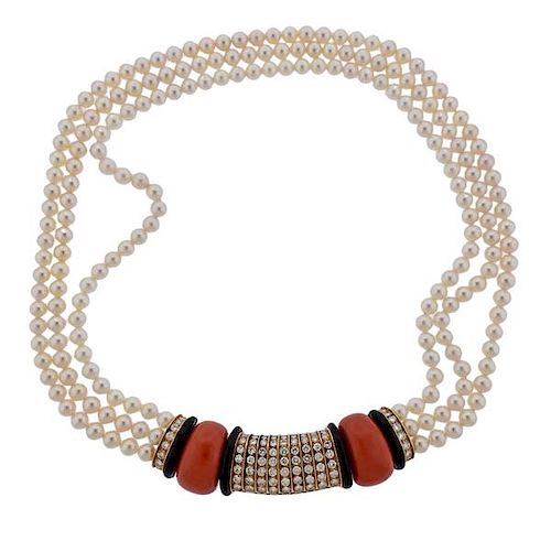 Van Cleef &amp; Arpels Diamond Coral Pearl 18k Gold Necklace 