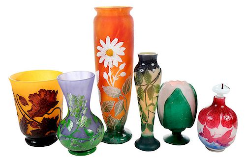 Six Art Nouveau Style Cameo Glass Objects