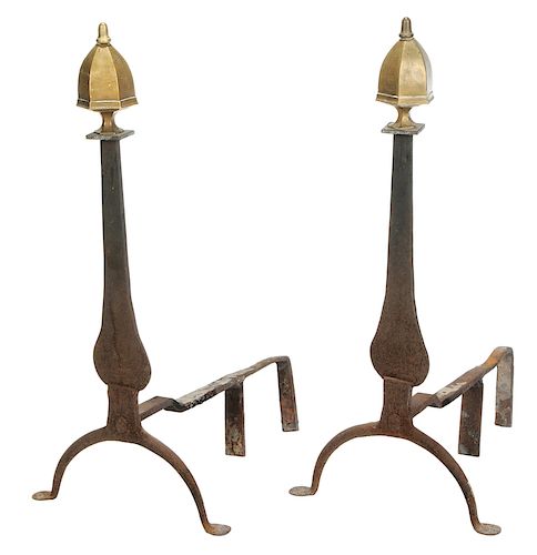 Pair Federal Brass and Iron Andirons