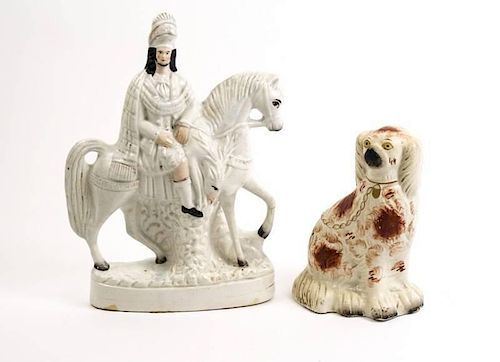 2 Staffordshire Porcelains, 1 Dog, 1 Male on Horse