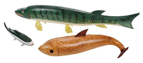 Two Painted Fish Decoys and Gourd Whale