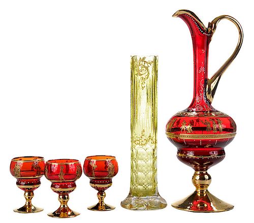 Ruby Glass Wine Ewer, Six Glasses, and Vase