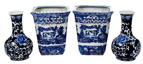 Two Pairs Blue and White Porcelain Objects