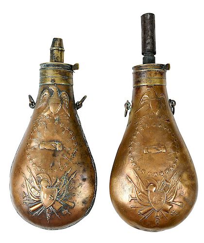 Pair Civil War Era Ames Powder Flasks