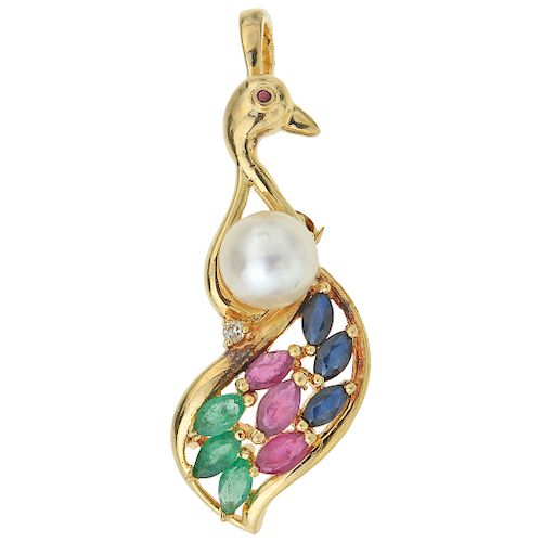 A cultured pearl, sapphire, ruby, emerald, diamond and simulant 18K yellow gold pendant/brooch.