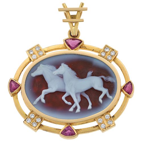 A chalcedony, ruby and diamond 14K yellow gold cameo.