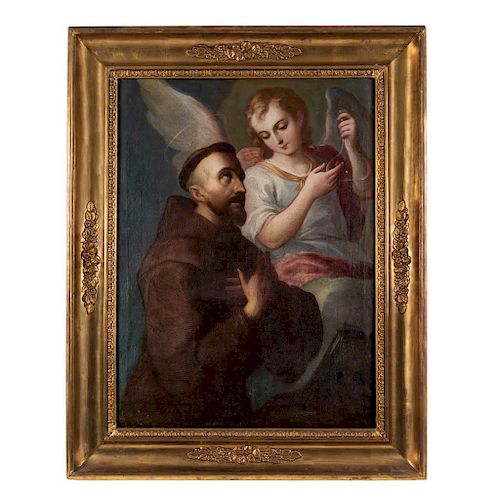 MIGUEL CABRERA (MEXICO, 1715 / 1720*-1768). SAINT FRANCIS OF ASSISI WITH THE ANGEL OF THE FLASK. 