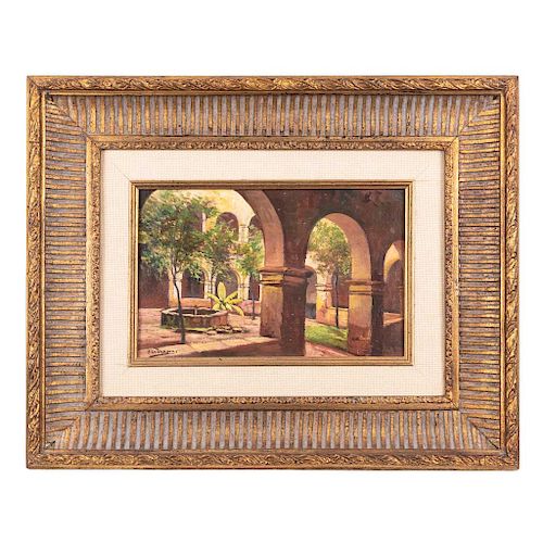 SIGNED: "F. CASANOVAS". MEXICO, FIRST HALF OF THE 20TH CENTURY. PATIO WITH ARCHERY.