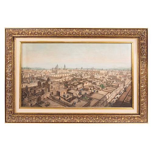 LEBRETON, LOUIS. VUE DE MÉXICO. Chromolithograph 33 x 57 cm. Framed. Panoramic view of Mexico City,  Vista panorámica de la CDMX en la azotea, on the 