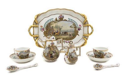 A Meissen Porcelain Equestrian Decorated Tete-a-Tete, Width of tray over handles 16 inches.