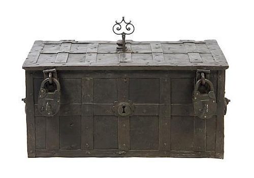 A German Steel Strong Box, Height 16 x width 33 5/8 x depth 19 inches.
