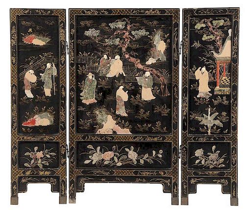 Black Lacquer Chinese Three Panel Screen