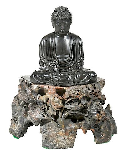 Japanese Bronze Buddha on Carved Soapstone Base
