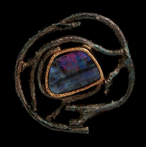 A UNIQUE MICKY ROOF 18K, STERLING BROOCH WITH OPAL