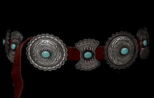 A KIRK SMITH STERLING/TURQUOISE NAVAJO CONCHO BELT