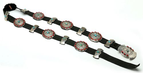A FINE STERLING, CORAL AND TURQUOISE CONCHO BELT