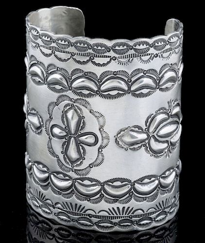 A WALLACE YAZZIE REPOUSSE STERLING CUFF BRACELET
