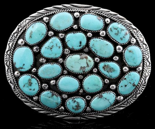 A GOOD NAVAJO TURQUOISE CLUSTER SILVER BELT BUCKLE