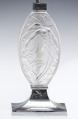 AN ART DECO TABLE LAMP WITH FROSTED NYMPH PLAQUE