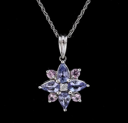 A 14K WHITE GOLD PENDANT WITH COLORED GEMSTONES
