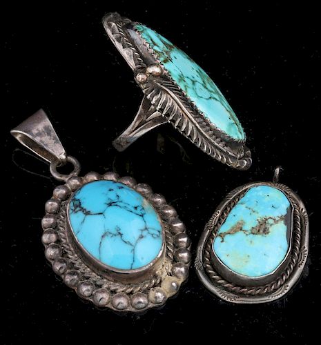 STERLING SILVER AND TURQUOISE RING AND PENDANTS