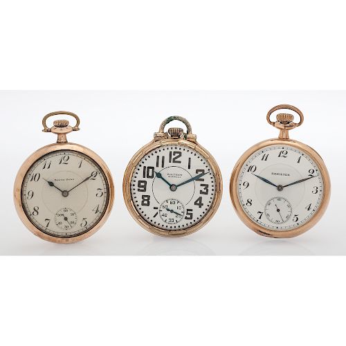 South Bend, Hamilton and Waltham Open Face Pocket Watches, Lot of Three