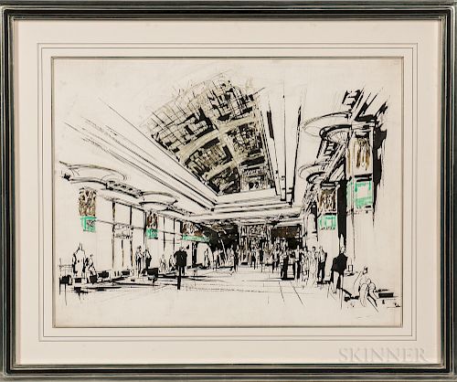 Architectural Watercolor Drawing:  Art Deco Hotel Lobby