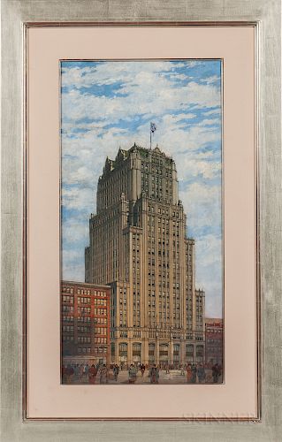 American School, 20th Century  Architectural Watercolor, Oil, and Drawing:  Tall Commercial Building with American Flag