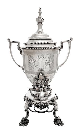 A Victorian Silver-Plate Kettle on Lampstand, Late 19th Century, the urn form body with beaded bands and engine-turned decoratio