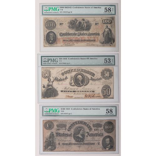 Confederate States of America Paper Currency PMG, Lot of Three