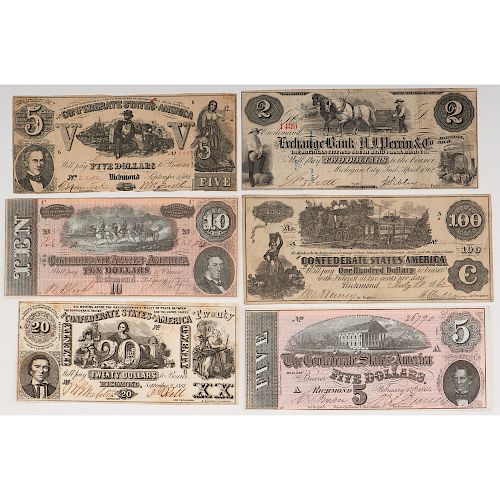 Confederate States of America Paper Currency Assortment, Lot of Twelve