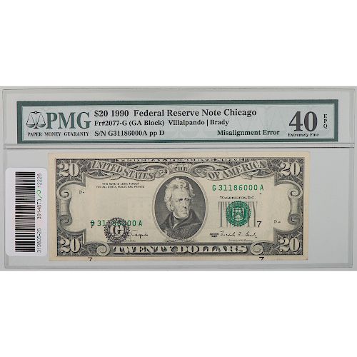 United States $20 Bill Misaligned 1990