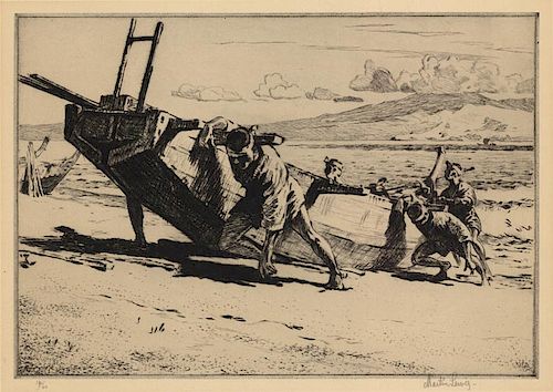 Marin Lewis - Beaching the Boat - Original, Signed Drypoint