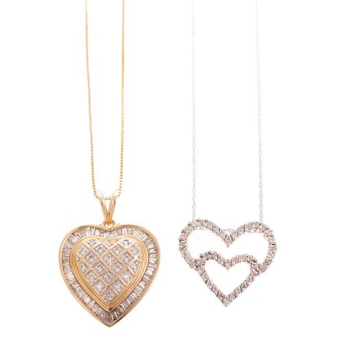 A Pair of Diamond Heart Pendants on Gold Chains