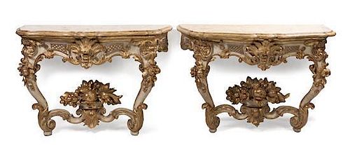 A Pair of Italian Baroque Console Tables, Height 33 1/4 x width 48 x depth 21 1/2 inches.
