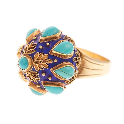 A Blue Enamel & Turquoise Dome Ring in 14K
